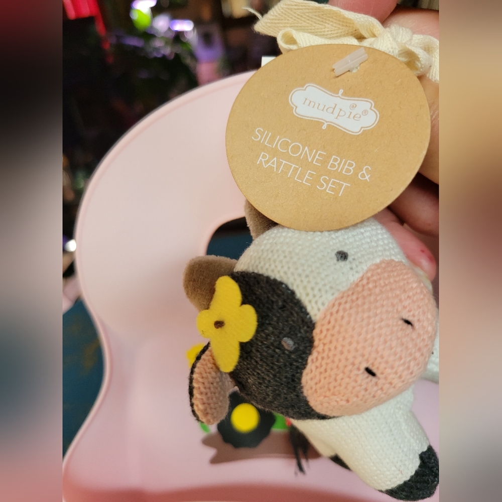 Mud pie silicone baby Bib and rattle cow tractor